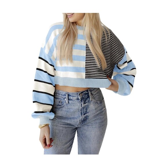 Saodimallsu Women’s Cropped Striped Knit Sweater Color Block Sky Blue Size L NEW - Picture 1 of 5